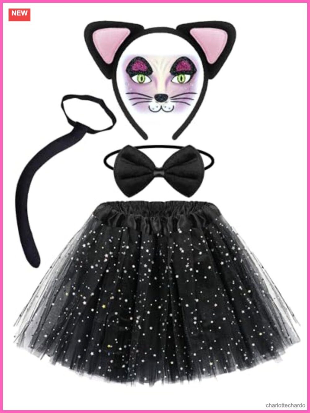 Cat Costume Set Ears Headband Sequin Tutu Tail Bow Tie Cosplay Halloween